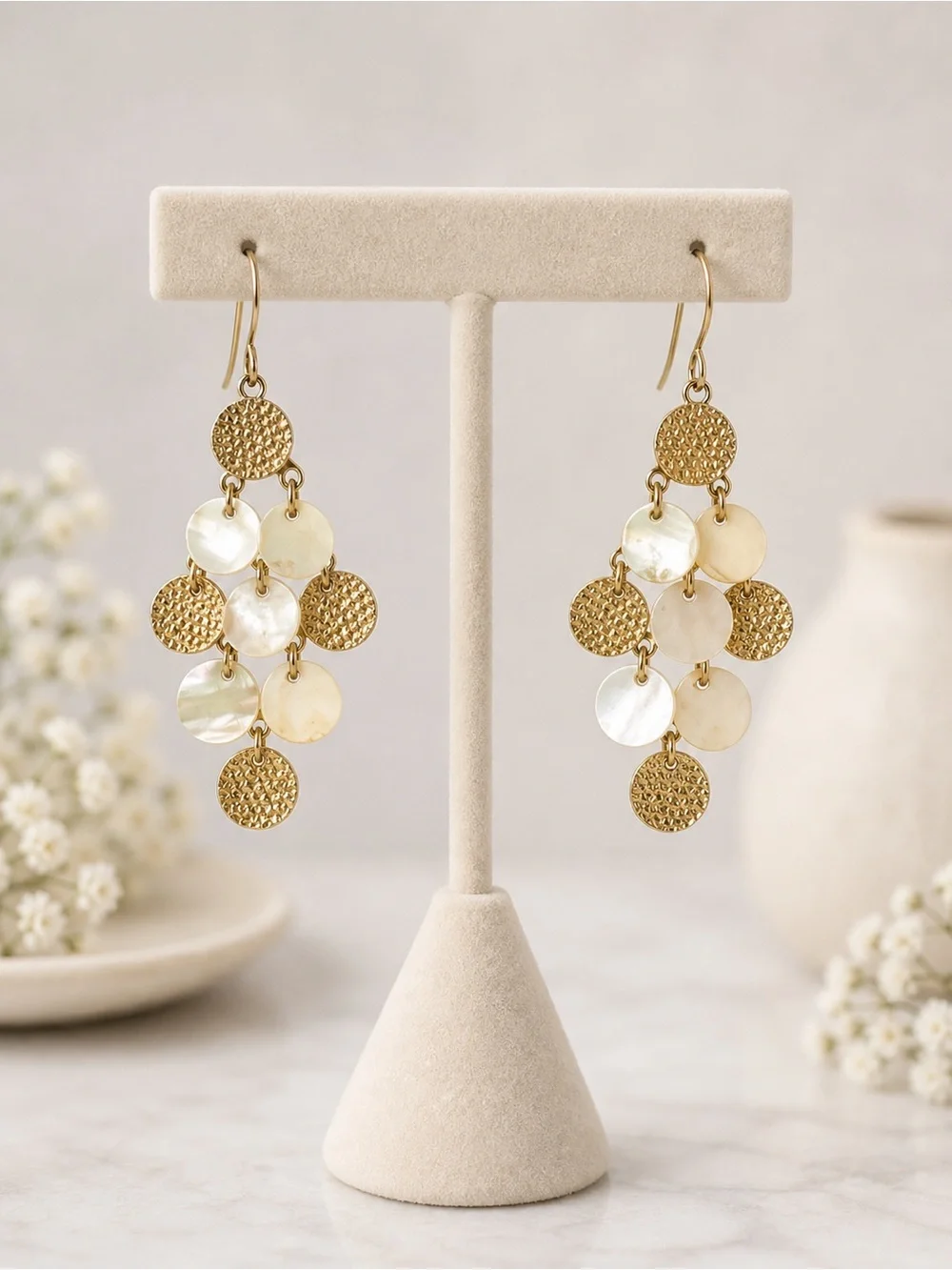 Gold Tone Mother of Pearl Disc Chandelier Dangle Earrings